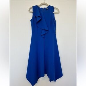 DKNY Fit and Flare Dress. Ruffle Front Detail. Back Zipper Royal Blue Sz 8